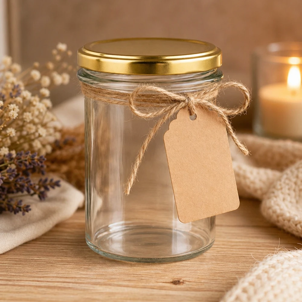230ml Verre conique avec couvercle BasicSeal or UNiTWIST Verre renversé de 230 ml avec couvercle doré BasicSeal UNiTWIST décoratif avec corde de jute et pendentif en papier comme idée de cadeau