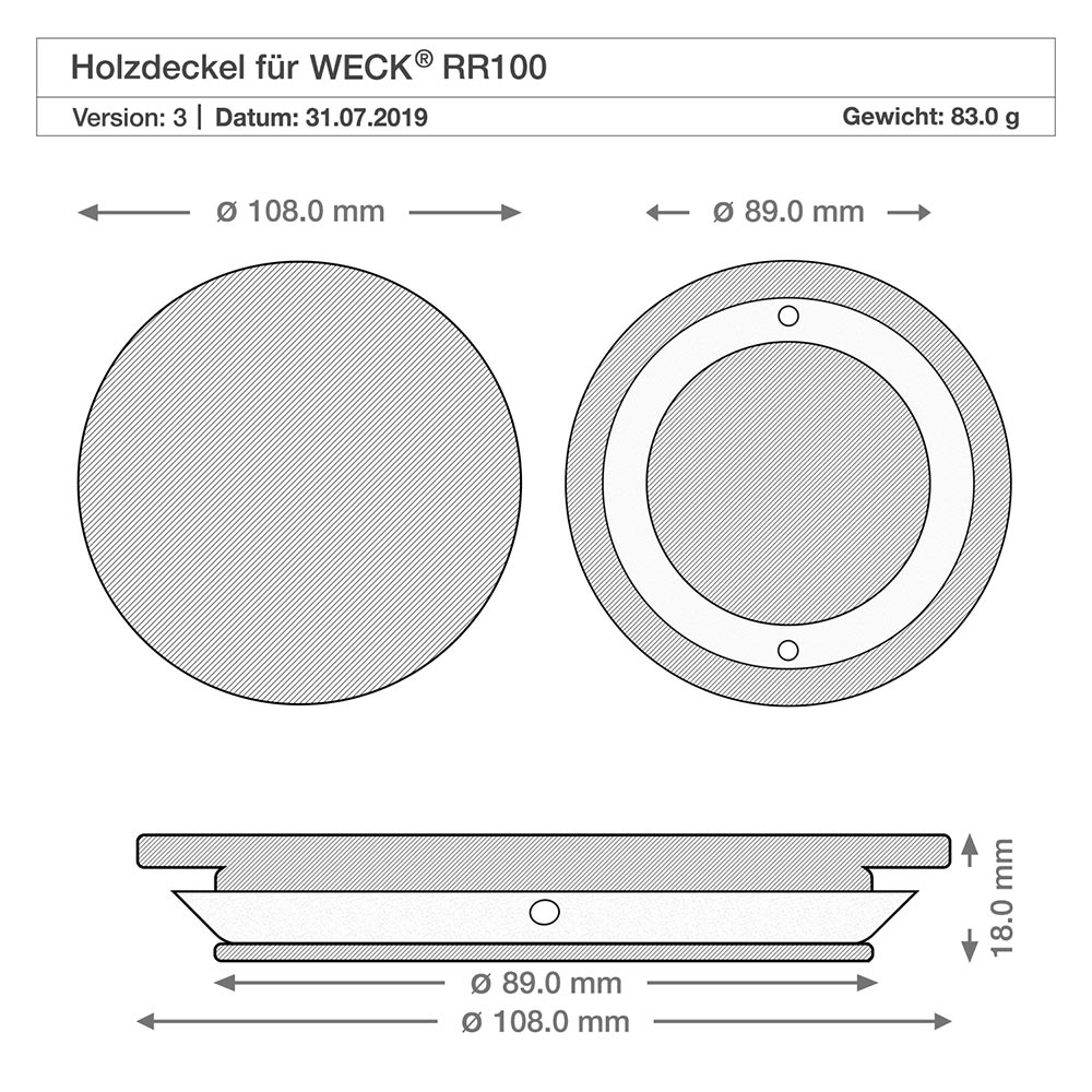Dessin technique du couvercle en bois pour le bocal WECK RR100 avec dimensions 108mm 89mm 18mm de diamètre Hauteur Spécification