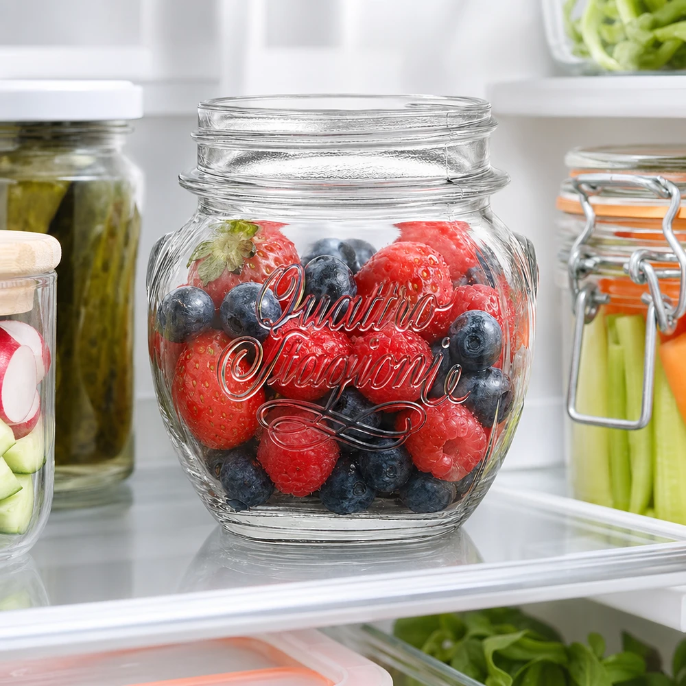 300ml Verre rond "Quattro Stagioni" QS70mm 300ml Quattro Stagioni Bocal ménager avec baies fraîches au réfrigérateur pour la conservation des aliments et Meal Prep