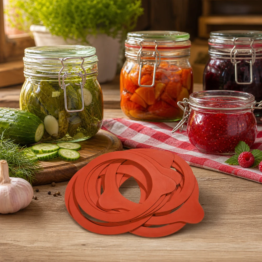 Anneaux de cuisson en caoutchouc naturel RR100 empilés devant des conserves faites maison dans des bocaux sur une table en bois