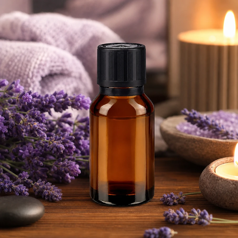 Petit flacon de pharmacie en verre ambré de 15 ml muni d'un compte-gouttes, parmi des fleurs de lavande violettes