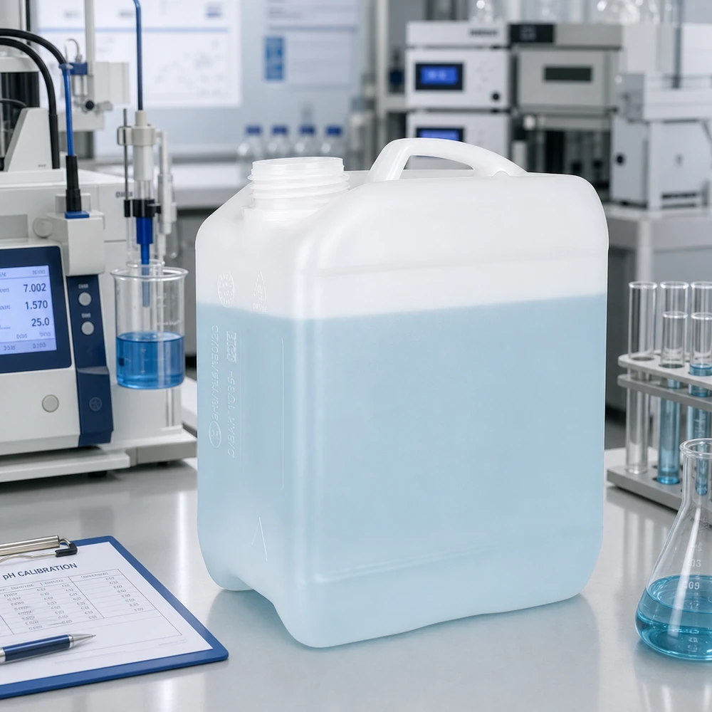 Bidon en plastique transparent de 2,5 litres contenant un liquide bleu clair, dans un environnement de laboratoire