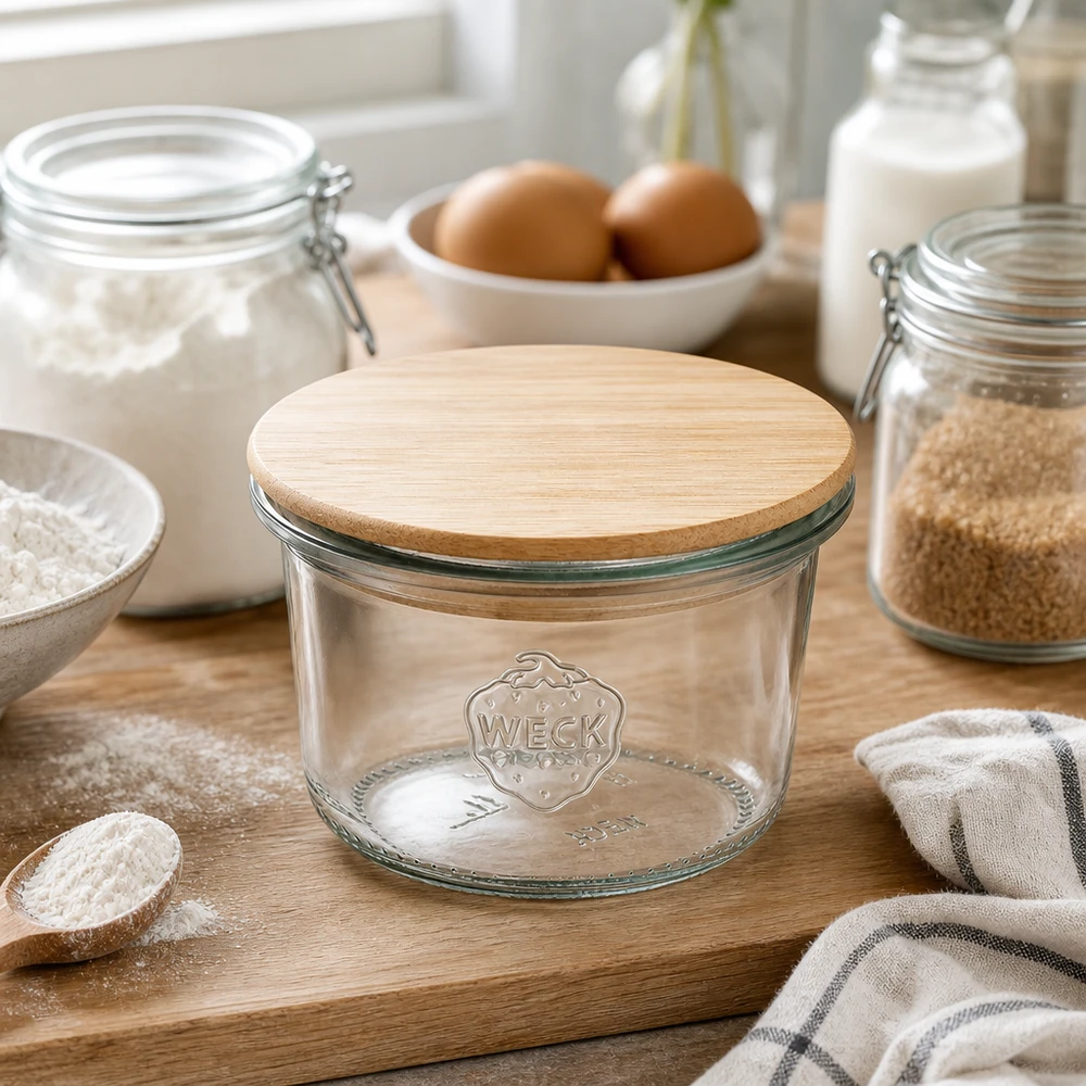 Pot de 80ml WECK RR60 avec couvercle en bois WECK Verre renversé 80ml RR60 avec couvercle en bambou sur planche en bois entouré d'ingrédients de cuisson farine œufs et lait dans une cuisine moderne