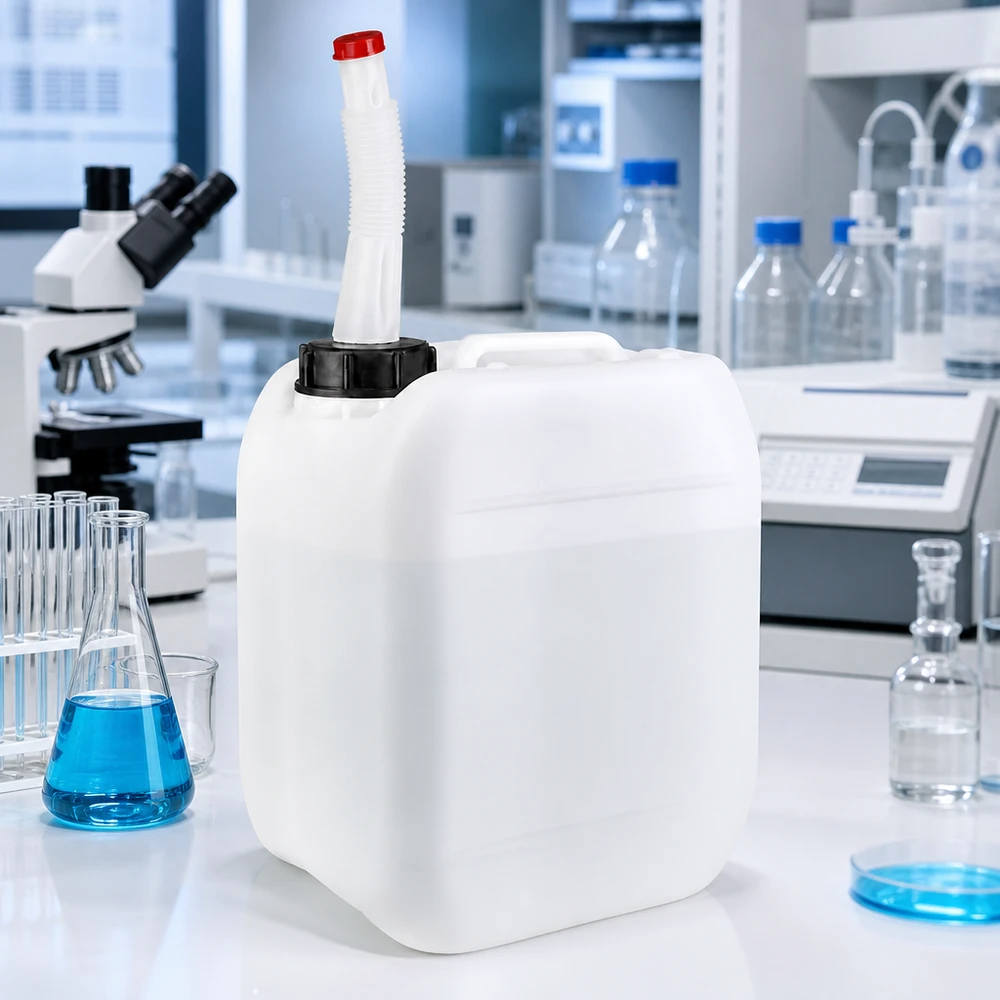 Bidon 5 litres avec tuyau d'écoulement Flex Bidon en PEHD de 5 litres, adapté au contact alimentaire, avec bec verseur flexible, destiné à un usage professionnel en laboratoire