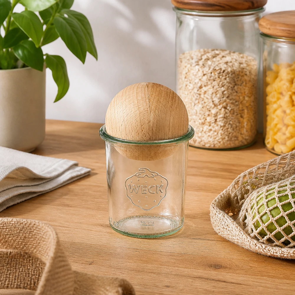 160ml bocal conique WECK RR60 avec boule en bois en hêtre WECK Verre renversé RR60 160ml avec couvercle en forme de boule en hêtre sur une table en bois, entouré d'ustensiles de cuisine durables