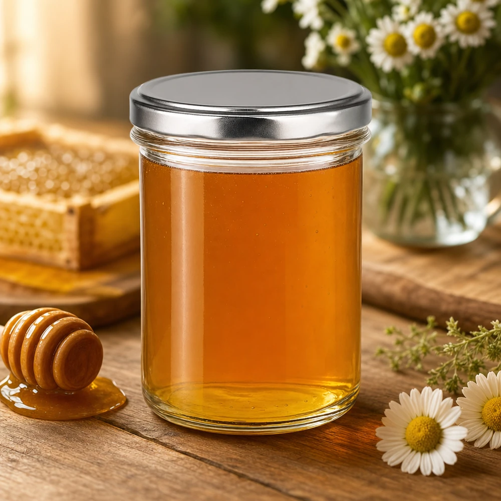 Pot à miel de 350 ml avec couvercle BasicSeal argenté rempli de miel à côté de la cuillère à miel et du pot à miel de fleurs de camomille