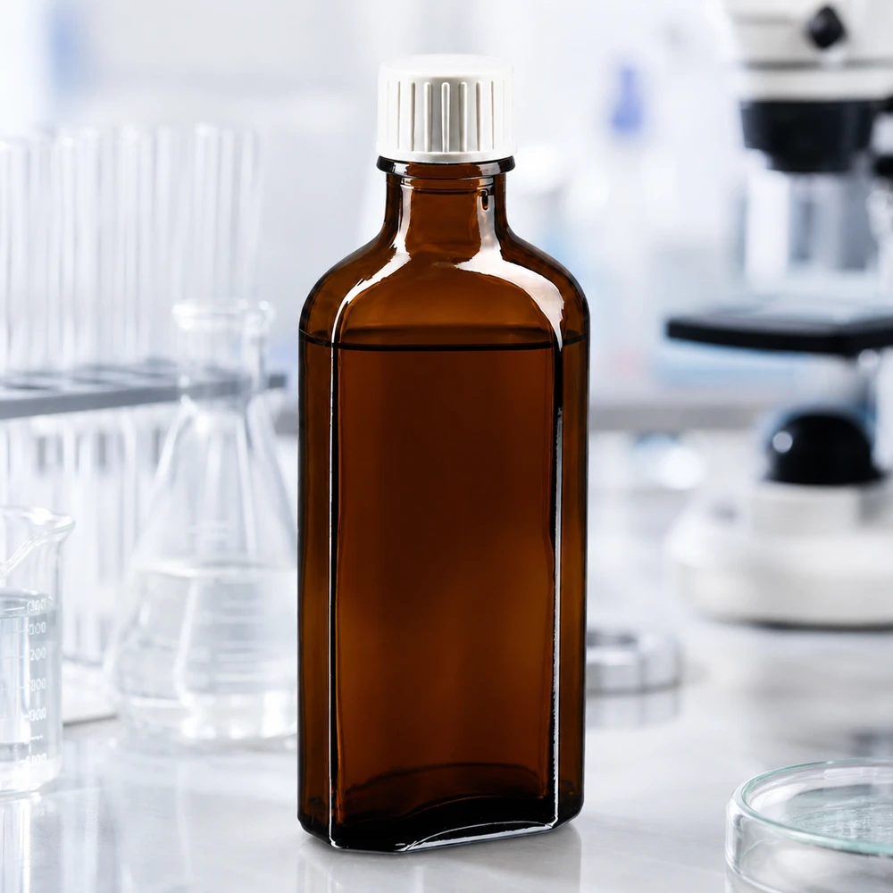 Flasque brune de 100 ml au goulot DIN 22, avec bouchon à vis DIN 22 blanc et bague anti-gouttes Flacon Meplat en verre ambré de 100 ml avec bouchon à vis blanc et anneau verseur, utilisé en laboratoire