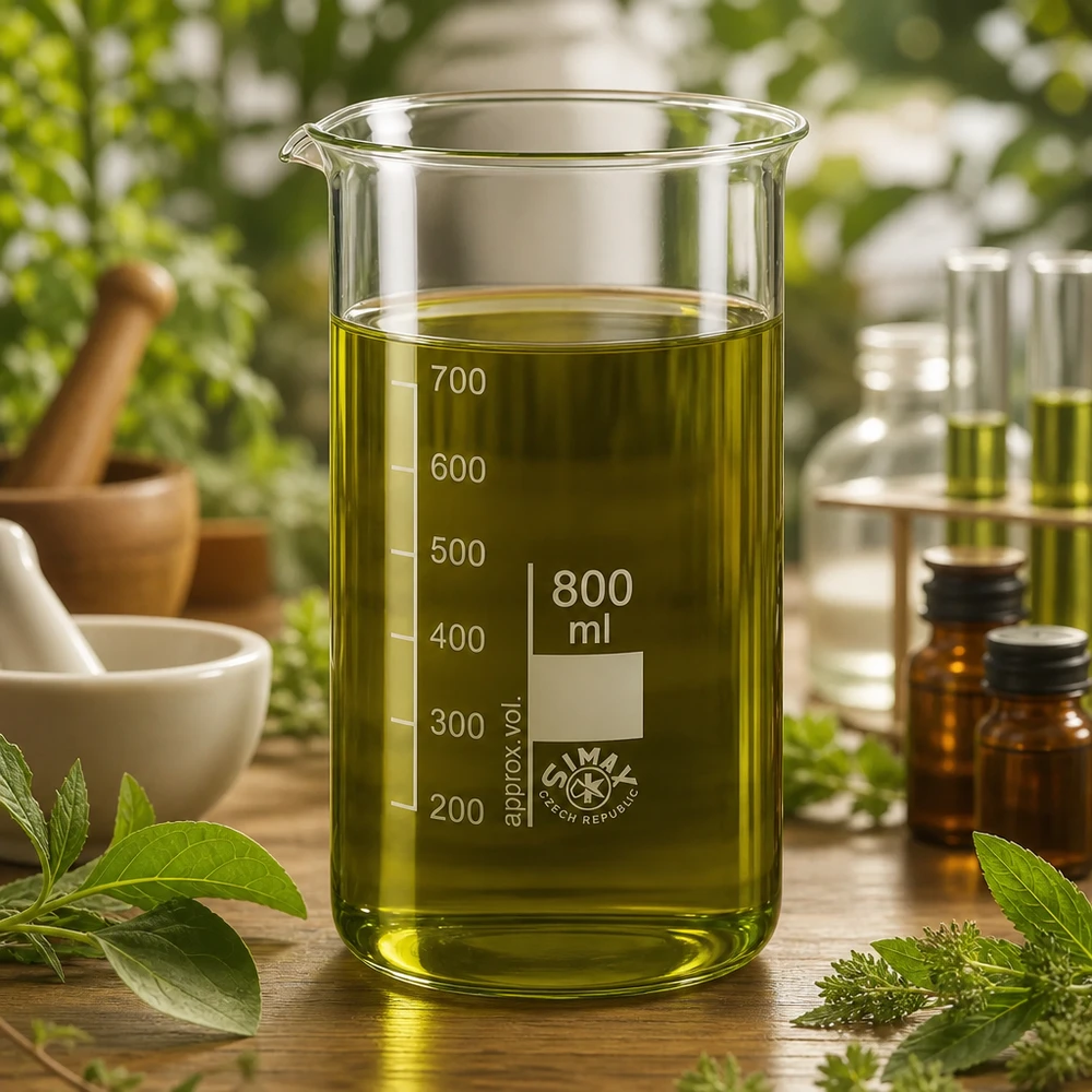 Bécher 800ml en verre borosilicate résistant à la chaleur (forme haute) Verre à bec de 800 ml, de forme haute, contenant un extrait d'herbes vert, posé sur une table en bois et entouré d'herbes médicinales fraîches