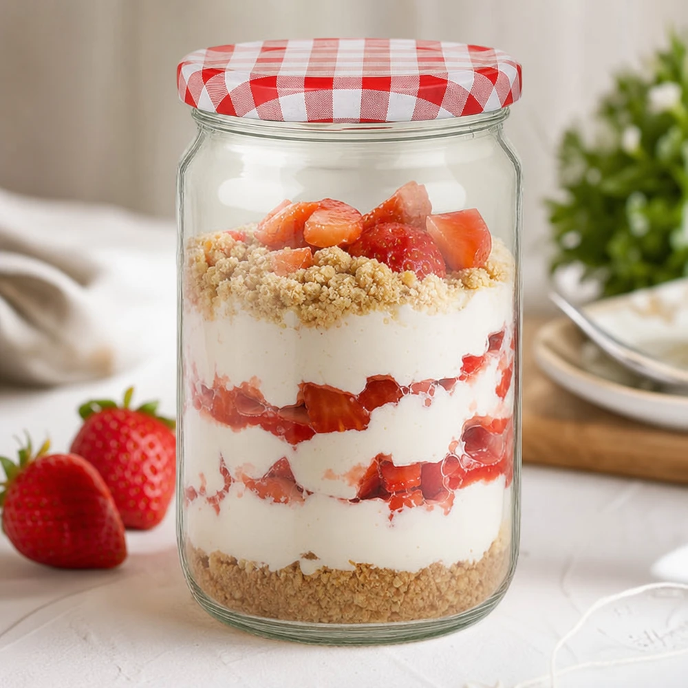 Verre rond de 795 ml avec couvercle BasicSeal comme verre à dessert avec des fraises, de la crème et des vermicelles, parfait pour les desserts sucrés
