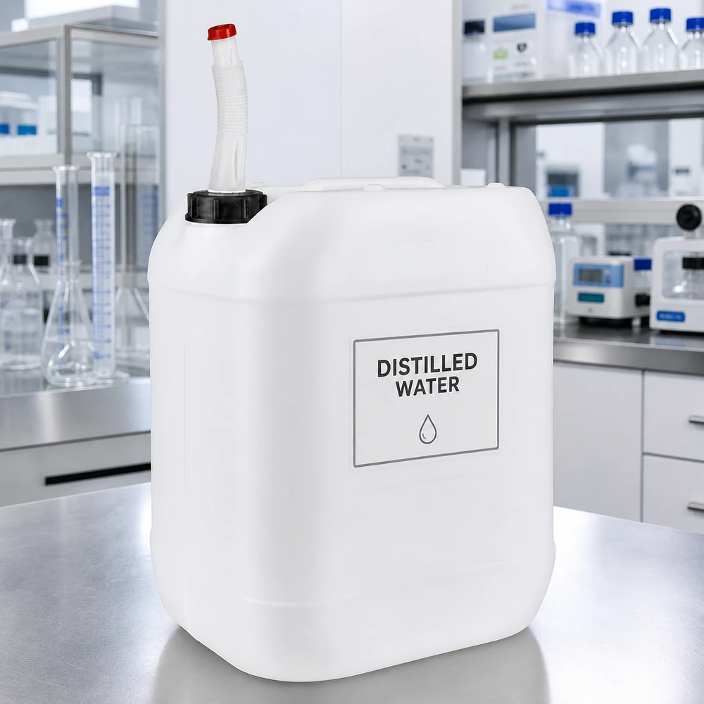Bidon 20 litres avec tuyau d'écoulement Flex Bidon de laboratoire de 20 litres avec bec verseur flexible pour eau distillée, en plastique HDPE blanc