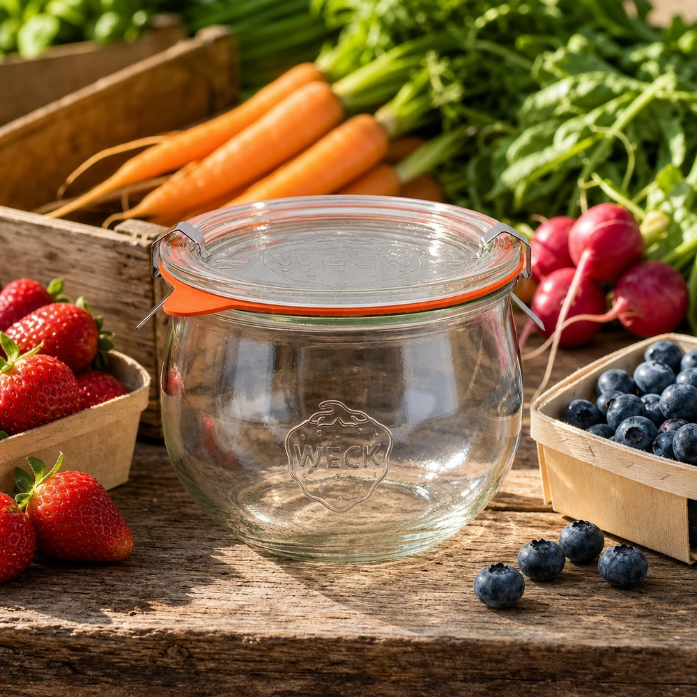 580ml bocal tulipe complet WECK RR100 WECK Pot tulipe 580ml RR100 entouré de fruits et légumes frais sur table en bois parfait pour la conservation naturelle