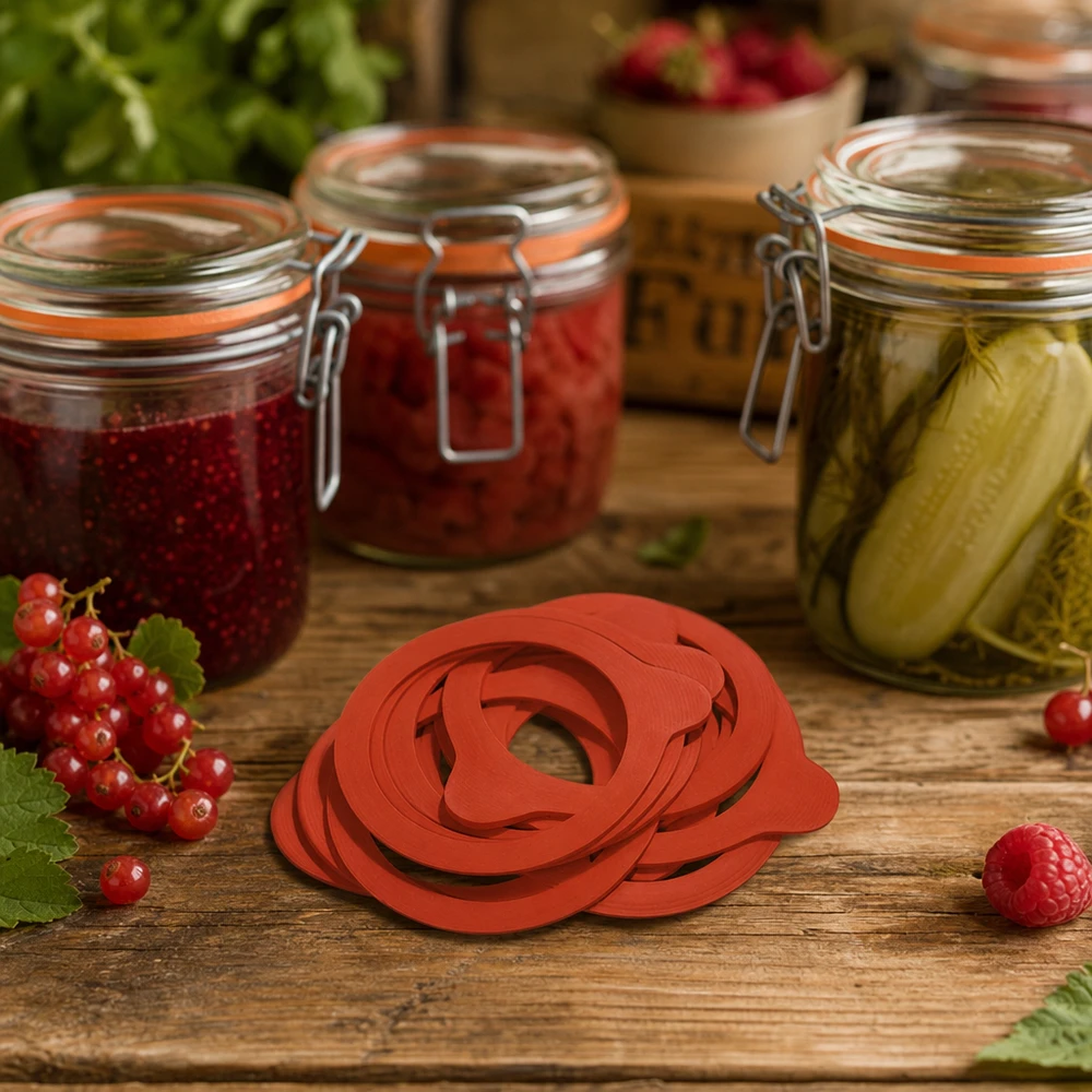 Anneau de mise en conserve en caoutchouc naturel RR60 Anneaux de mise en conserve RR60 en caoutchouc naturel dans la cuisine avec des bocaux remplis et des baies fraîches sur une table en bois