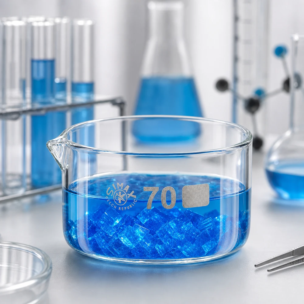 Coupelle de cristallisation 100 ml avec bec verseur Coupelle de cristallisation Simax de 100 ml contenant un liquide bleu et des cristaux, posée sur un plan de travail de laboratoire