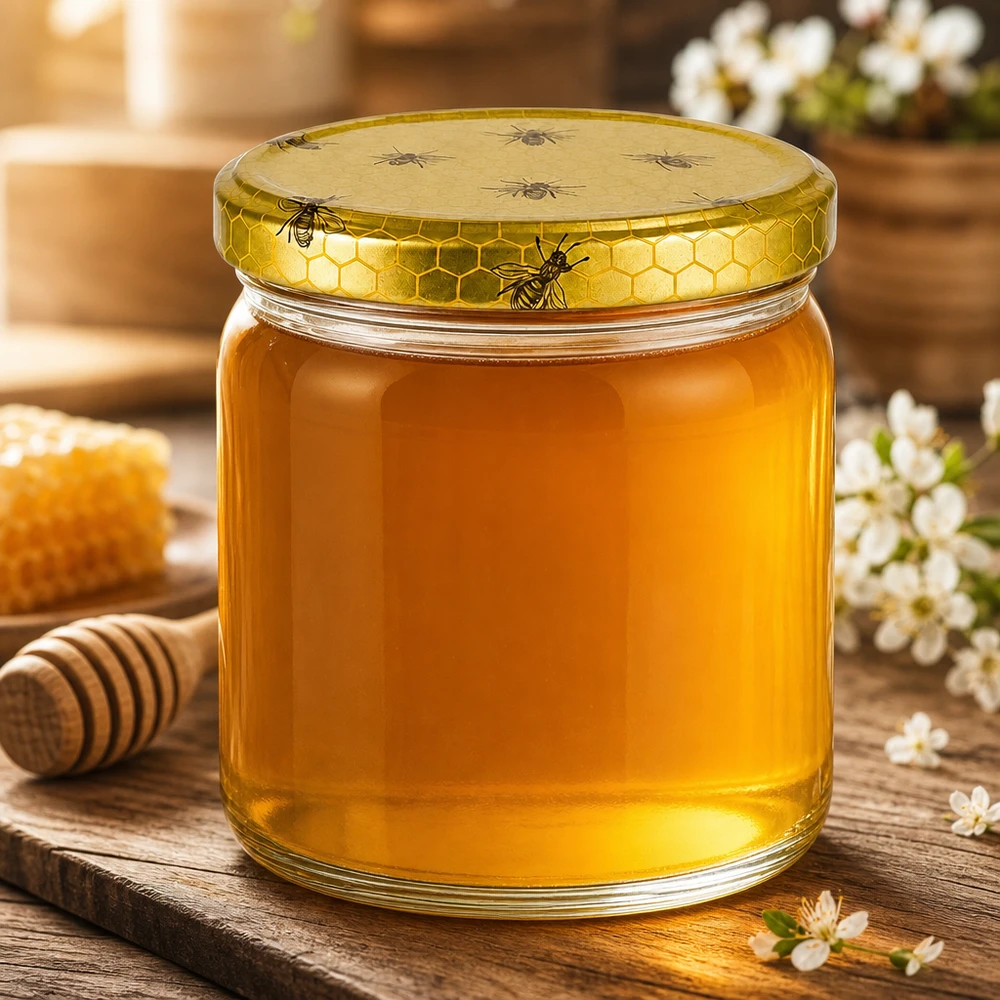 408ml Verre rond avec couvercle BasicSeal nid d'abeilles UNiTWIST Pot rond de 408 ml avec couvercle BasicSeal en nid d'abeille rempli de miel doré à côté de rayons et de fleurs blanches