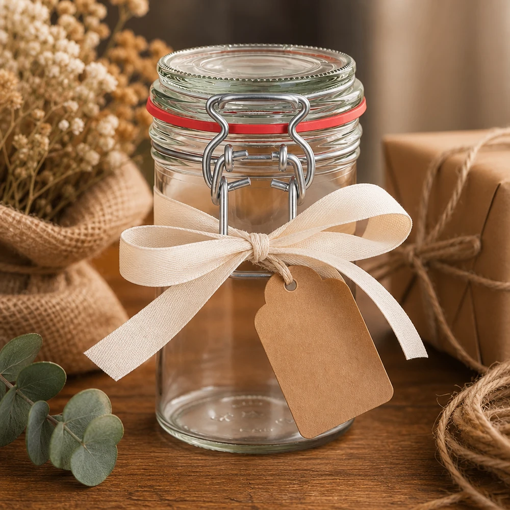 Bocal à provisions de 272 ml avec fermeture à étrier et joint rouge, décoré d'un ruban beige et d'un pendentif sur une table en bois