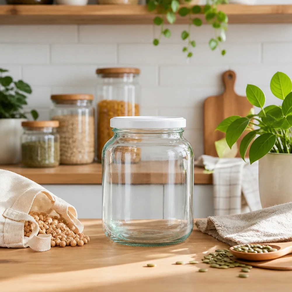 370ml Verre ovale avec couvercle BasicSeal blanc UNiTWIST 370ml Verre ovale UNiTWIST avec couvercle BasicSeal blanc dans la cuisine durable Zero-Waste avec des légumineuses et des plantes