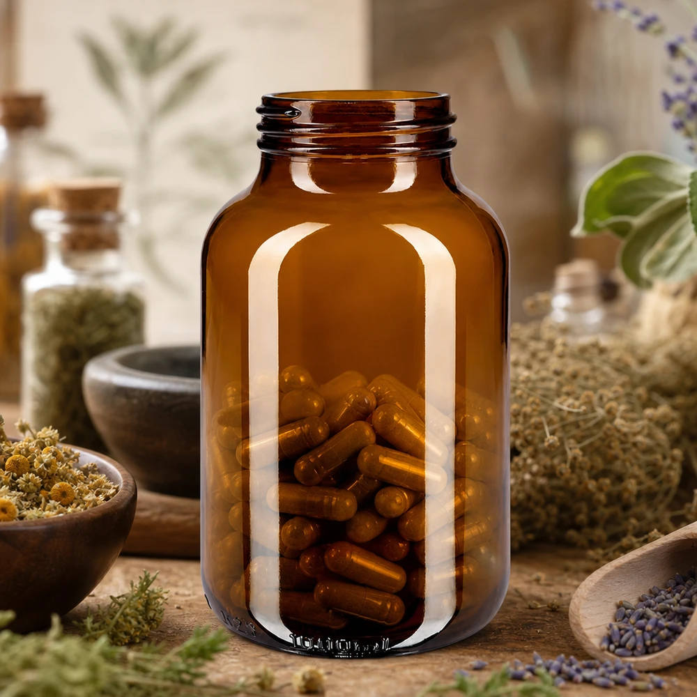 Bouteille brune à col large 1000ml en verre de haute qualité avec une large ouverture pour un remplissage facile