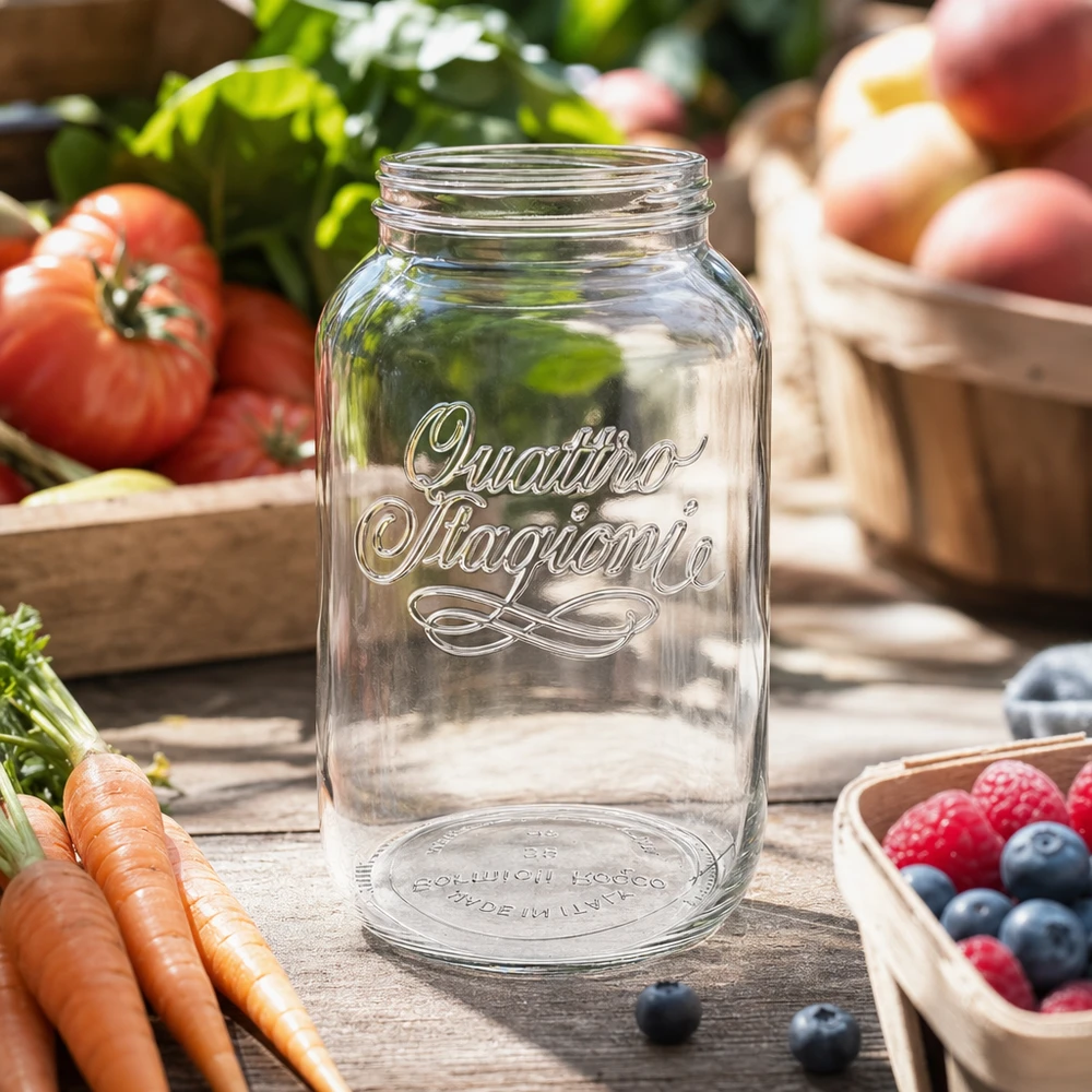 3800ml Verre rond "Quattro Stagioni" QS110mm 3800ml Quattro Stagioni Pot ménager transparent avec inscription entouré de légumes et fruits frais