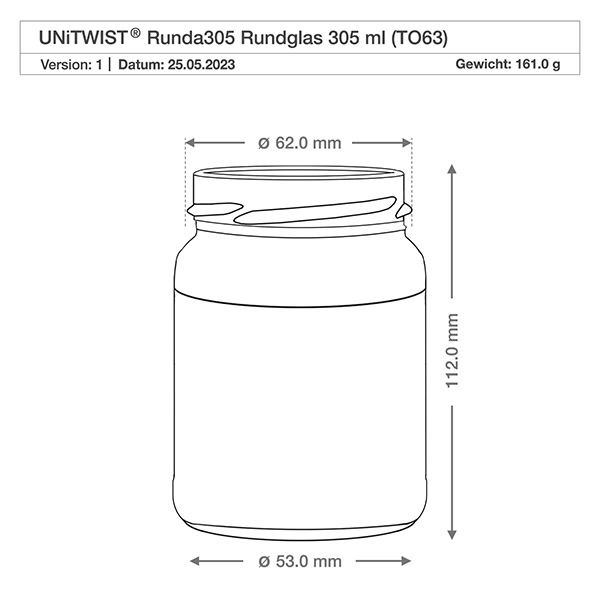 UNiTWIST Runda305 verre rond 305ml TO63 avec dessin technique Dimensions diamètre 62mm hauteur 112mm poids 161g