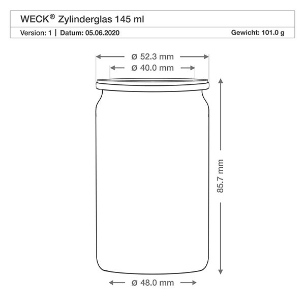 145ml bocal cylindrique WECK RR40 avec bouchon nature WECK verre cylindrique 145ml dessin technique avec dimensions diamètre 48mm hauteur 85,7mm poids 101g spécification RR40