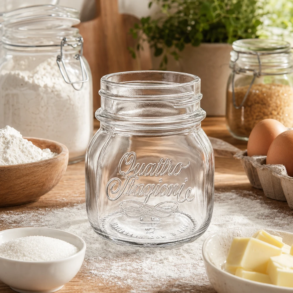 150ml Quattro Stagioni Bocal de ménage sur table en bois avec ingrédients de cuisson farine œufs beurre accessoires de cuisine