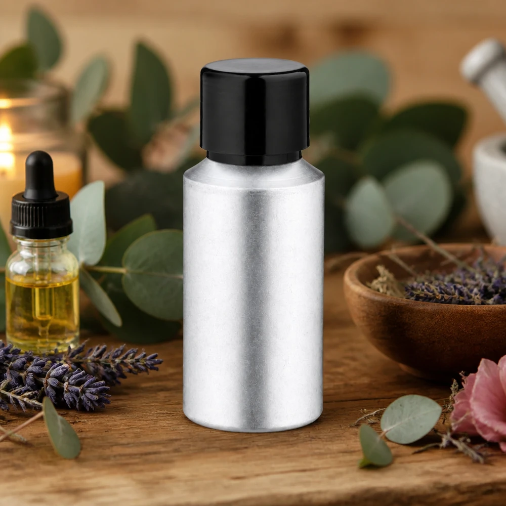 Flacon en aluminium de 30 ml avec revêtement mat décapé et bouchon noir sécurisé