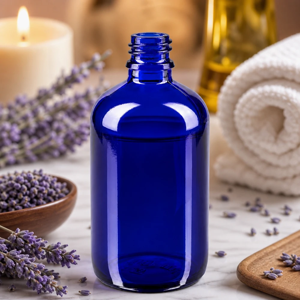 Bouteille de pharmacie vintage bleu cobalt 100ml au design classique