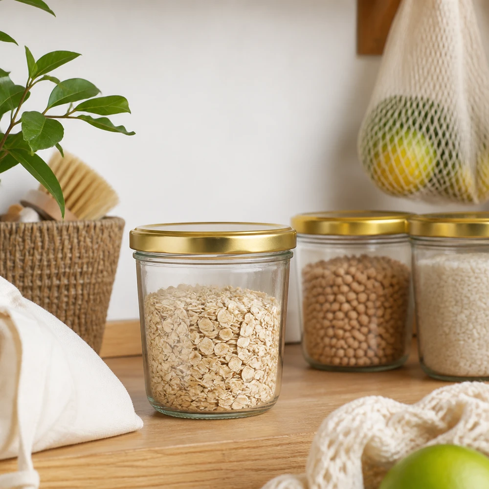 230ml Verre conique avec couvercle BasicSeal or UNiTWIST Verre renversé BasicSeal or de 230 ml avec flocons d'avoine dans une cuisine durable zéro déchet sur une étagère en bois avec des bocaux de stockage
