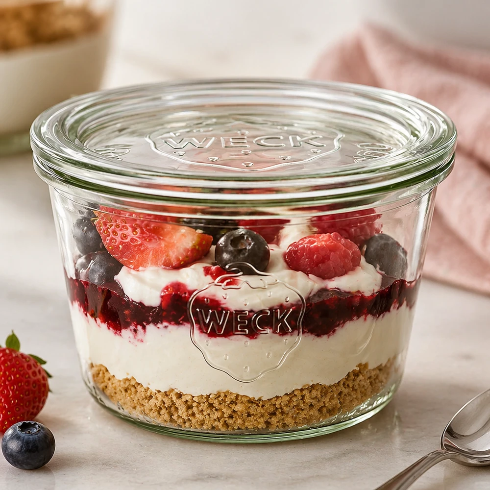 WECK Verre renversé 370ml RR100 avec dessert stratifié à base de biscuits crème et baies utilisé comme verre à dessert