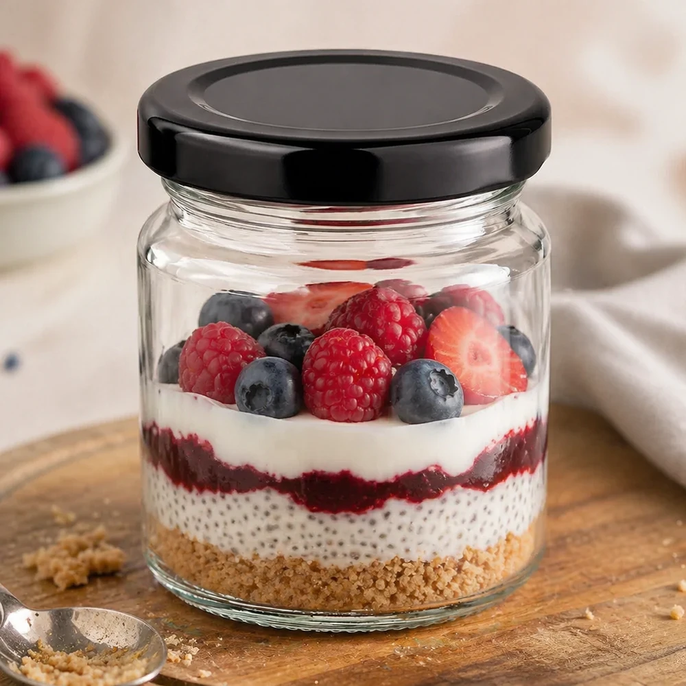 Verre rond de 53 ml avec couvercle BasicSeal noir comme verre à dessert rempli de pudding au chia et de baies mélangées
