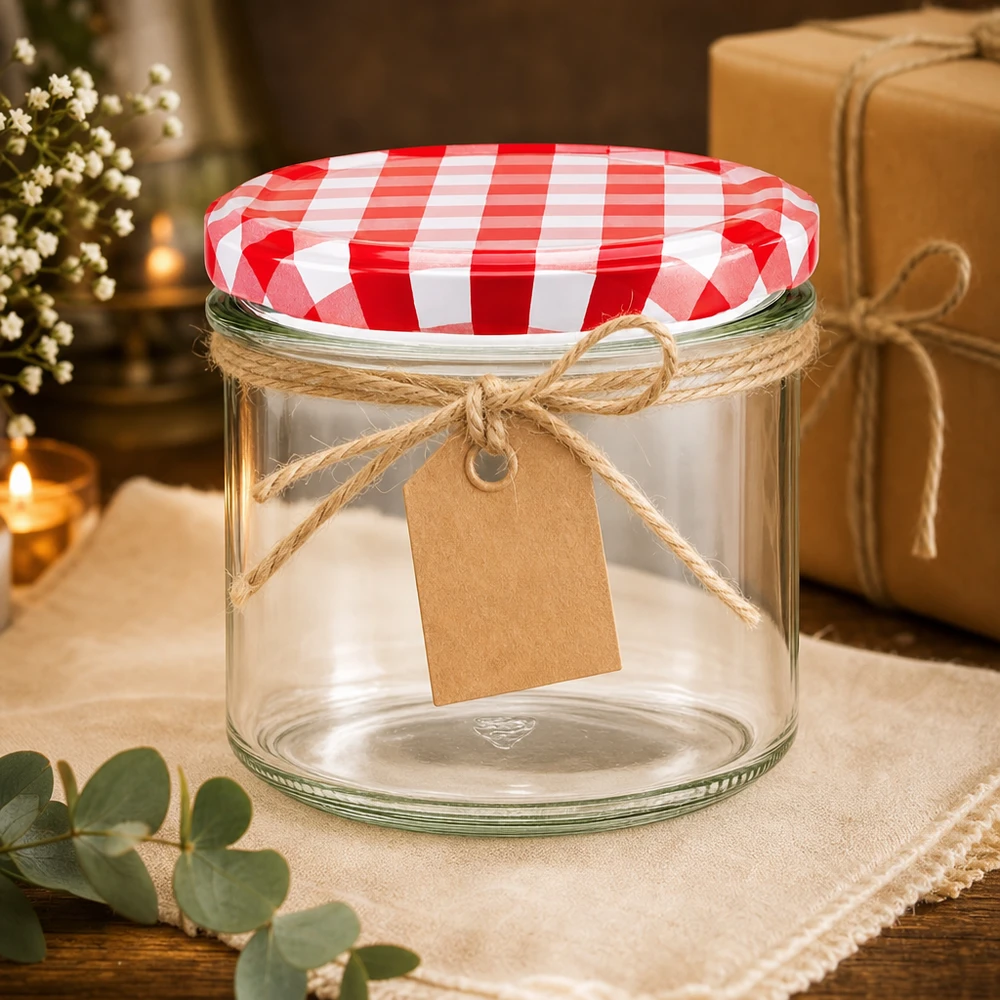 225ml Verre conique avec couvercle BasicSeal rouge/blanc UNiTWIST 225ml verre renversé vide avec couvercle à carreaux rouge et blanc comme emballage cadeau décoré avec une corde de jute et un pendentif