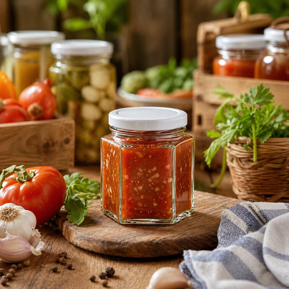 Hexaglase de 47 ml avec couvercle BasicSeal rempli de sauce tomate entre tomates fraîches et herbes aromatiques sur planche en bois
