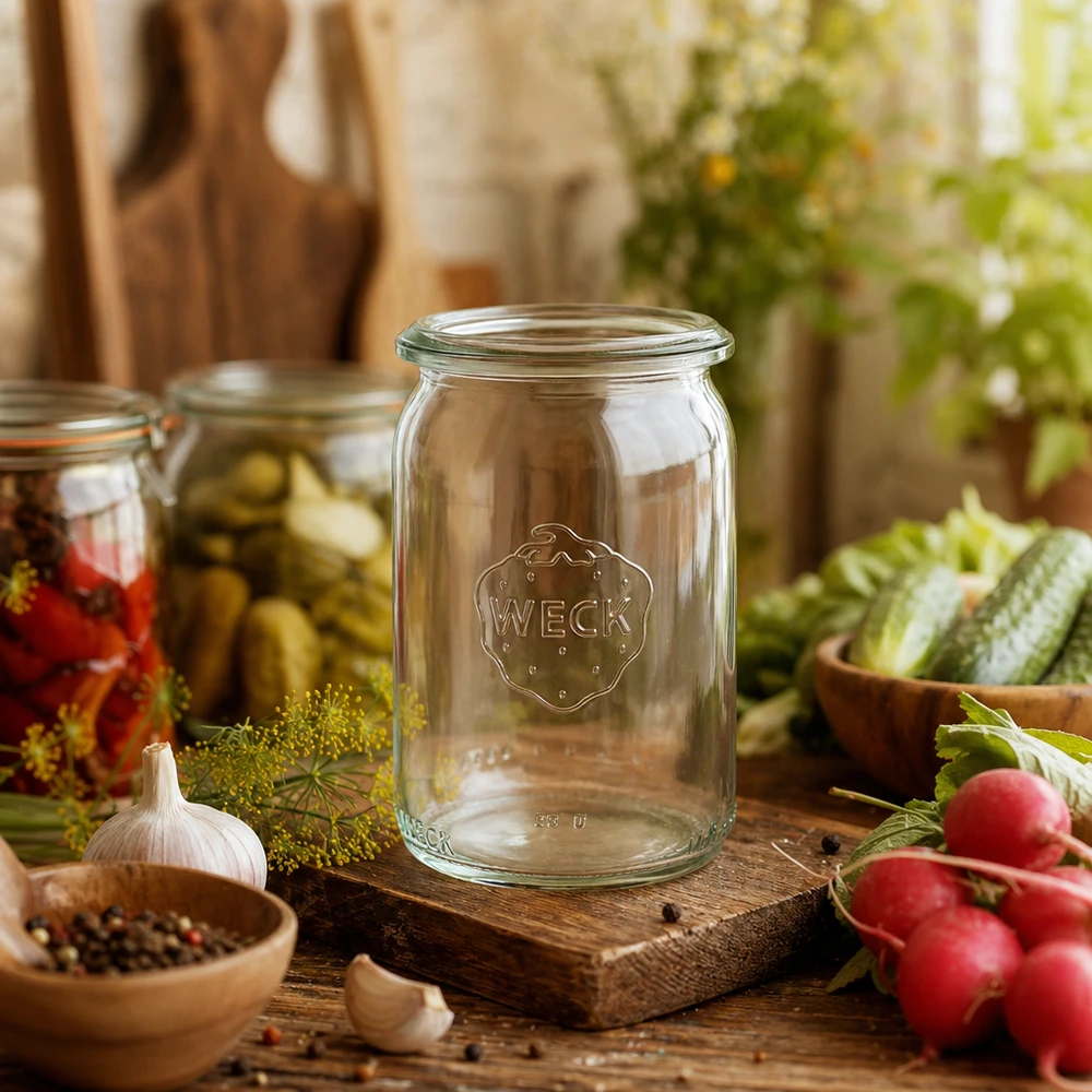 145ml bocal cylindrique WECK RR40 WECK RR40 Pot cylindrique 145ml dans une cuisine rustique avec des légumes frais et des conserves décoratives