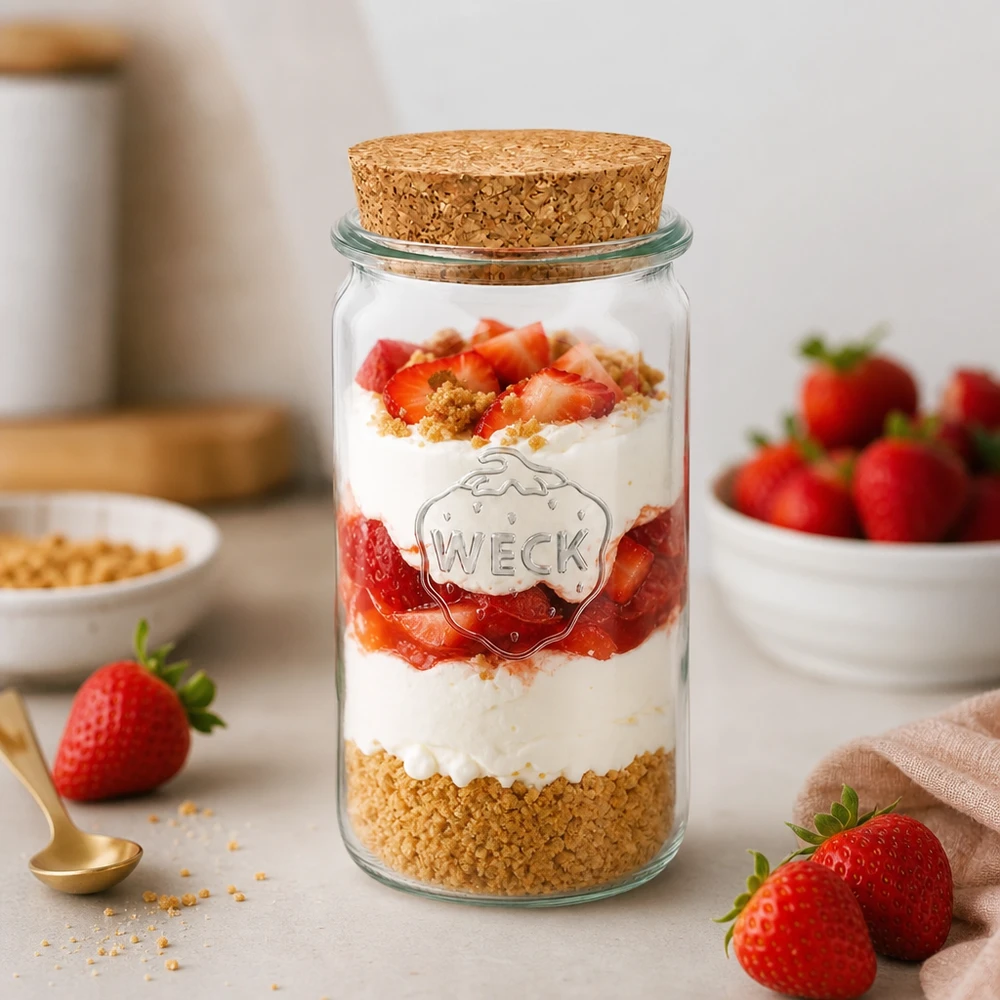 WECK Verre 340ml RR60 comme verre à dessert rempli de fraises et de crème montre l'utilisation polyvalente du verre en liège
