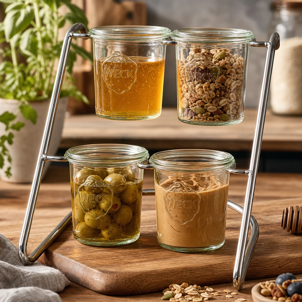 Présentoir Flato4 pour 4 bocaux WECK WECK Support de service Flato4 rempli de miel, de noix et d'olives - porte-verre polyvalent pour la décoration de la cuisine