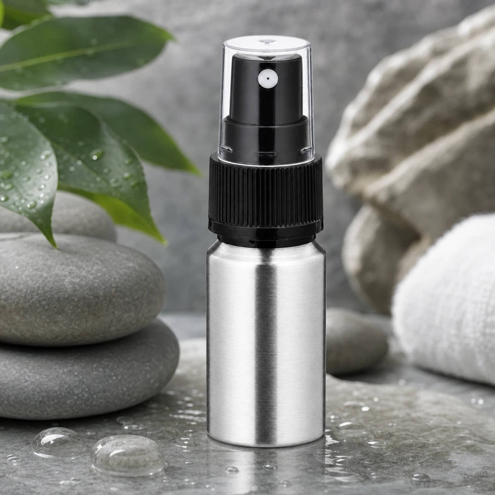 Bouteille en aluminium poncé 10 ml, avec vaporisateur à pompe noir Flacon hygiénique en aluminium de 10 ml avec vaporisateur - propriétés antibactériennes pour les produits de soin de la peau