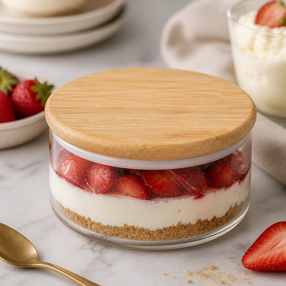 Couvercle en bois RR80 WECK WECK Couvercle en bois RR80 version A avec tarte aux fraises dans le bocal - utilisation pratique pour les desserts et la conservation