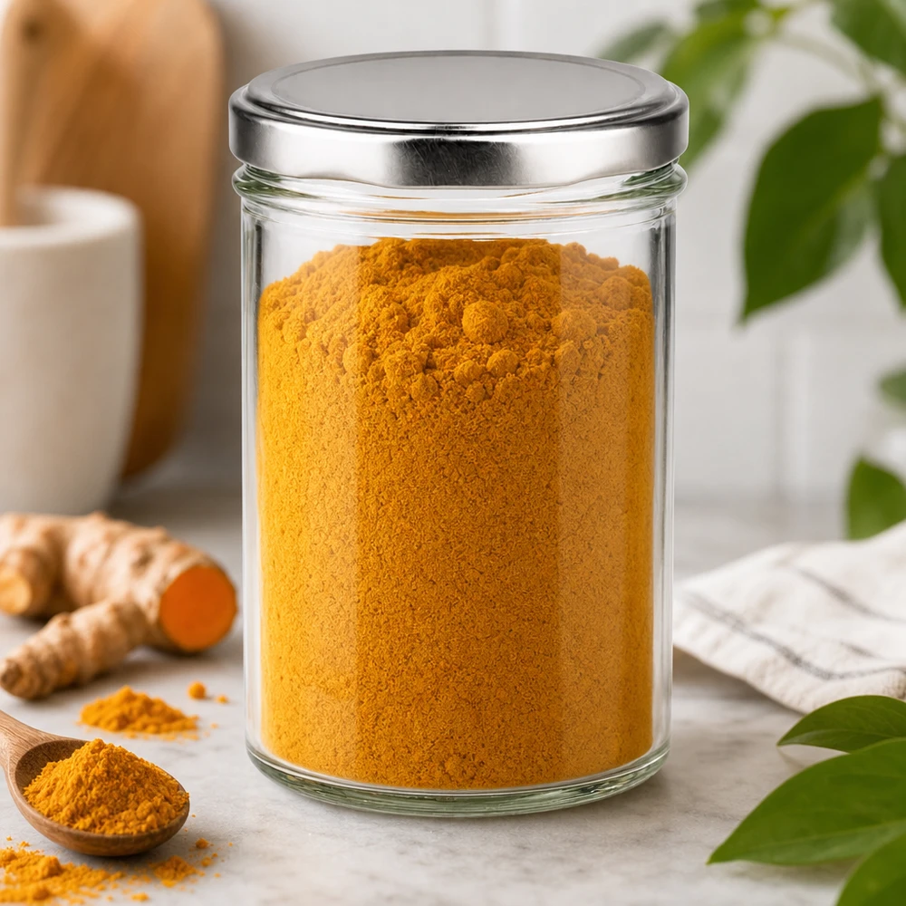 Pot de 435ml avec couvercle argenté rempli de poudre de curcuma jaune - Conservation des épices en bocal