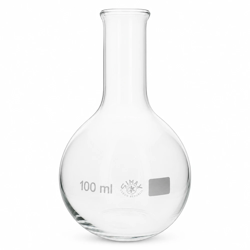 Ballon à fond plat 100 ml à col étroit, en verre borosilicate avec bord renforcé Fiole à col étroit, capacité 100 ml, pour des mesures précises