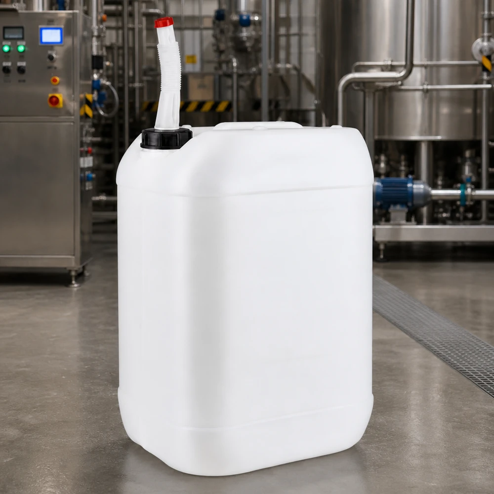 Bidon 25 litres avec tuyau d'écoulement Flex Bidon industriel rectangulaire de 25 litres avec bec verseur pivotant, fabriqué dans une usine de production moderne