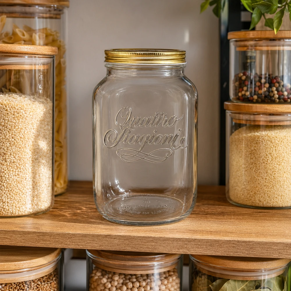 Quattro Stagioni 3800ml Bocal de stockage vide sur une étagère en bois entre des bocaux de conservation remplis d'épices et de céréales