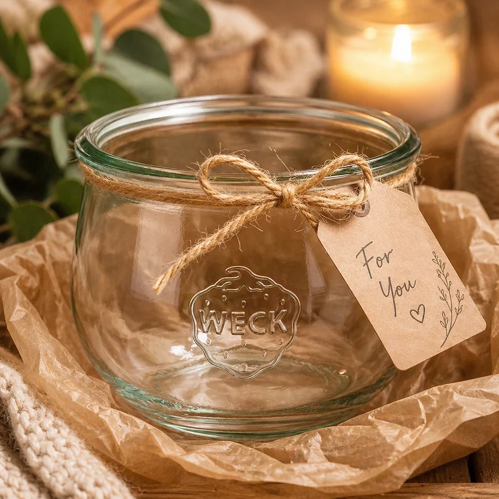 WECK Pot tulipe 580ml RR100 avec étiquette cadeau et ficelle de jute sur table en bois avec bougie et décoration