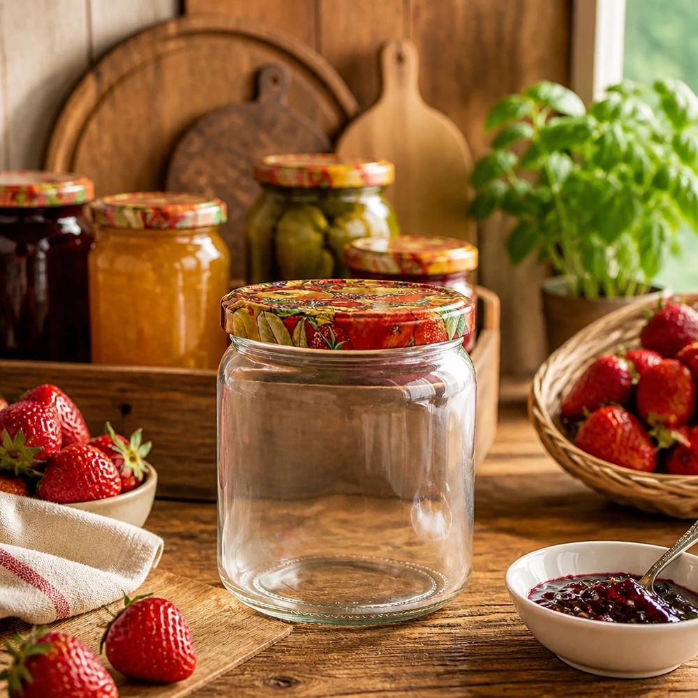 Pot rond vide de 408ml avec couvercle BasicSeal Décor de fruits dans une cuisine rustique à côté des fraises et des pots de confiture