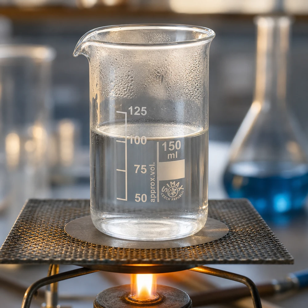 Bécher de 150 ml, de forme haute, chauffé au bec Bunsen et contenant un liquide transparent, dans un laboratoire