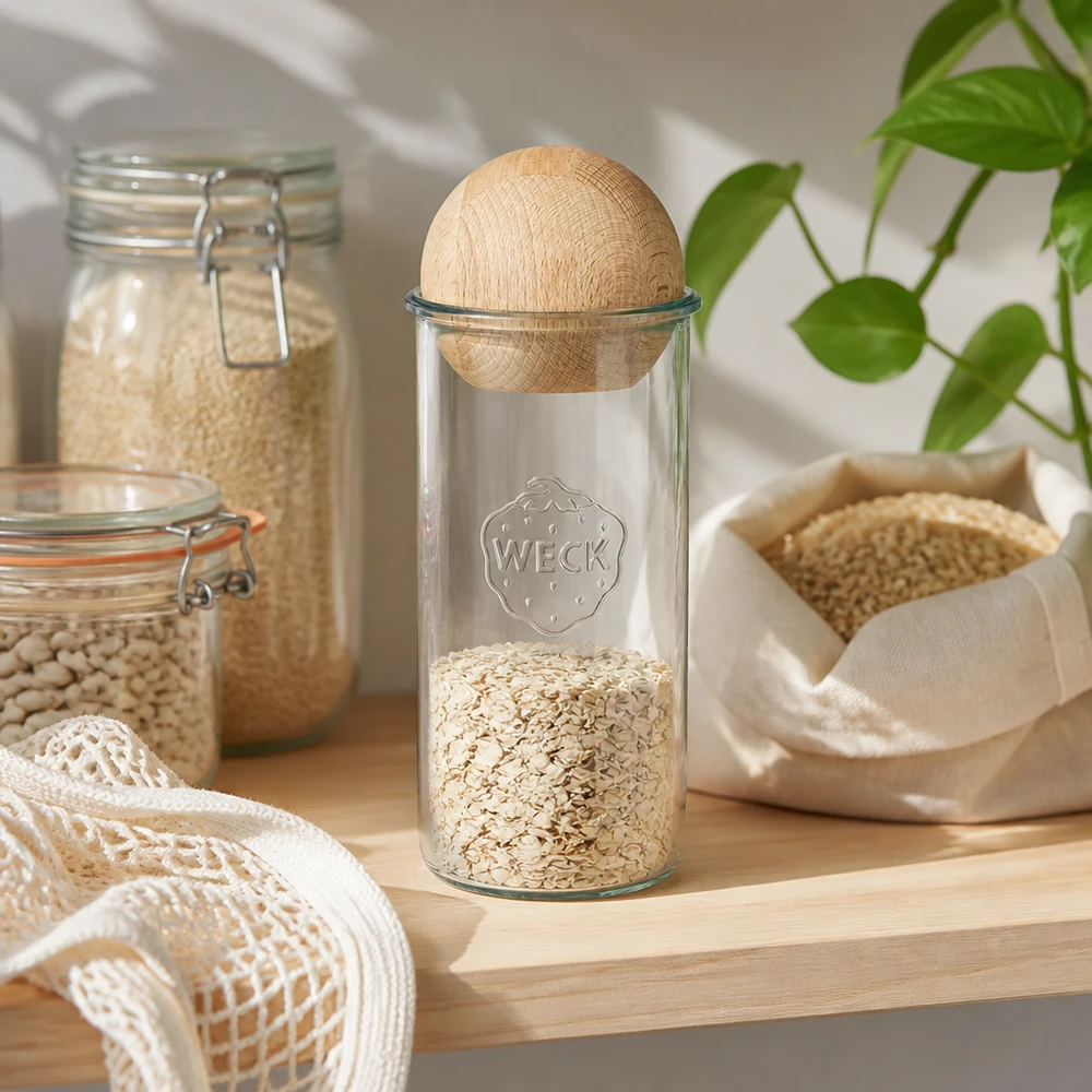 1500ml bocal conique WECK RR100 avec boule en bois en hêtre WECK Pot renversé 1500ml RR100 rempli de flocons d'avoine, boule en bois hêtre couvercle, Zero-Waste cuisine de stockage