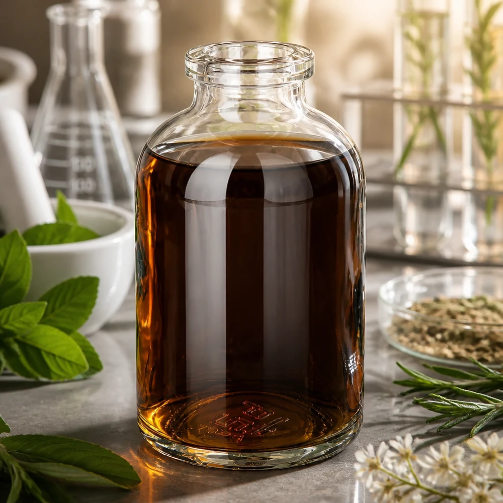Flacon pour solution injectable, 50 ml en verre clair Kompakte Injektionsflasche 50ml aus Klarglas mit amber Naturstoffextrakt und Laborausstattung