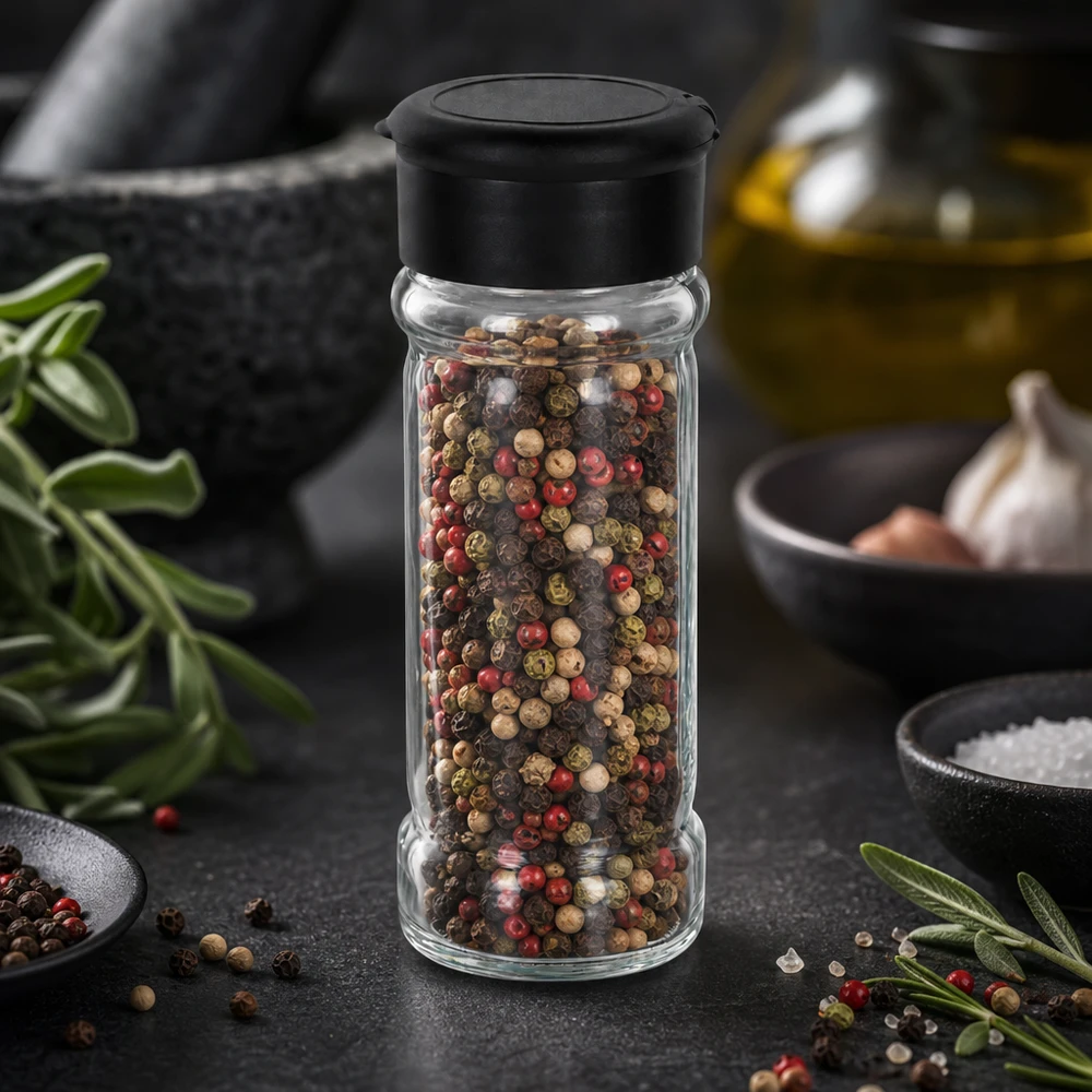 Salière en verre transparent de 100 ml avec couvercle noir, remplie d'un mélange de poivres colorés, posée sur un plan de travail foncé