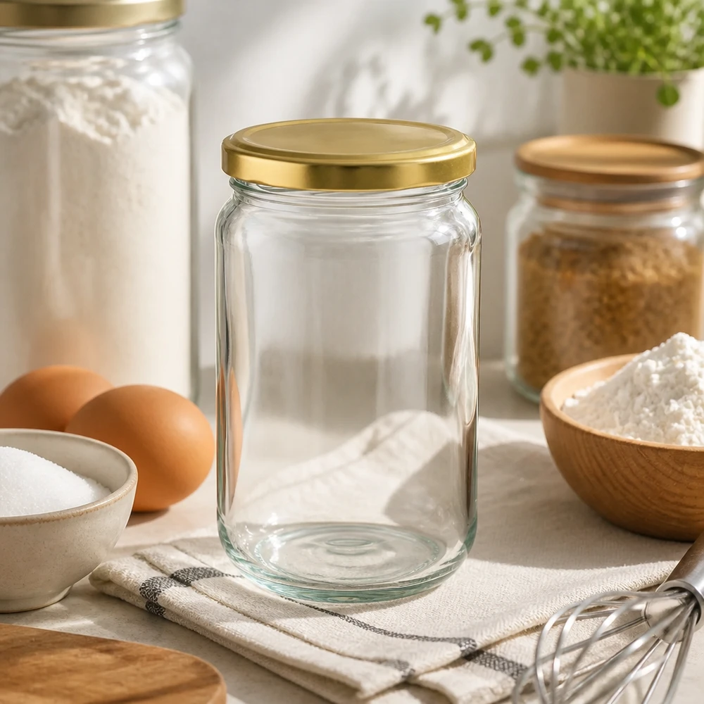 305ml Verre rond avec couvercle BasicSeal or UNiTWIST 305ml Rundglas UNiTWIST mit goldnem Deckel in moderner Küche - perfekt zum Backen und Kochen mit Eiern und Mehl