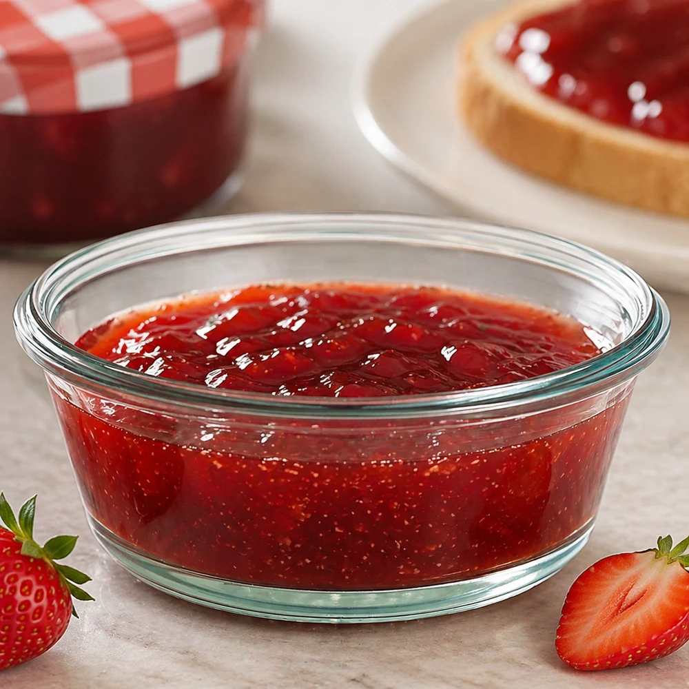 Bocal en verre gourmet WECK RR120 de 300 ml WECK RR120 Pot gourmand 300ml rempli de confiture rouge montre Utilisation comme pot à confiture avec des fraises