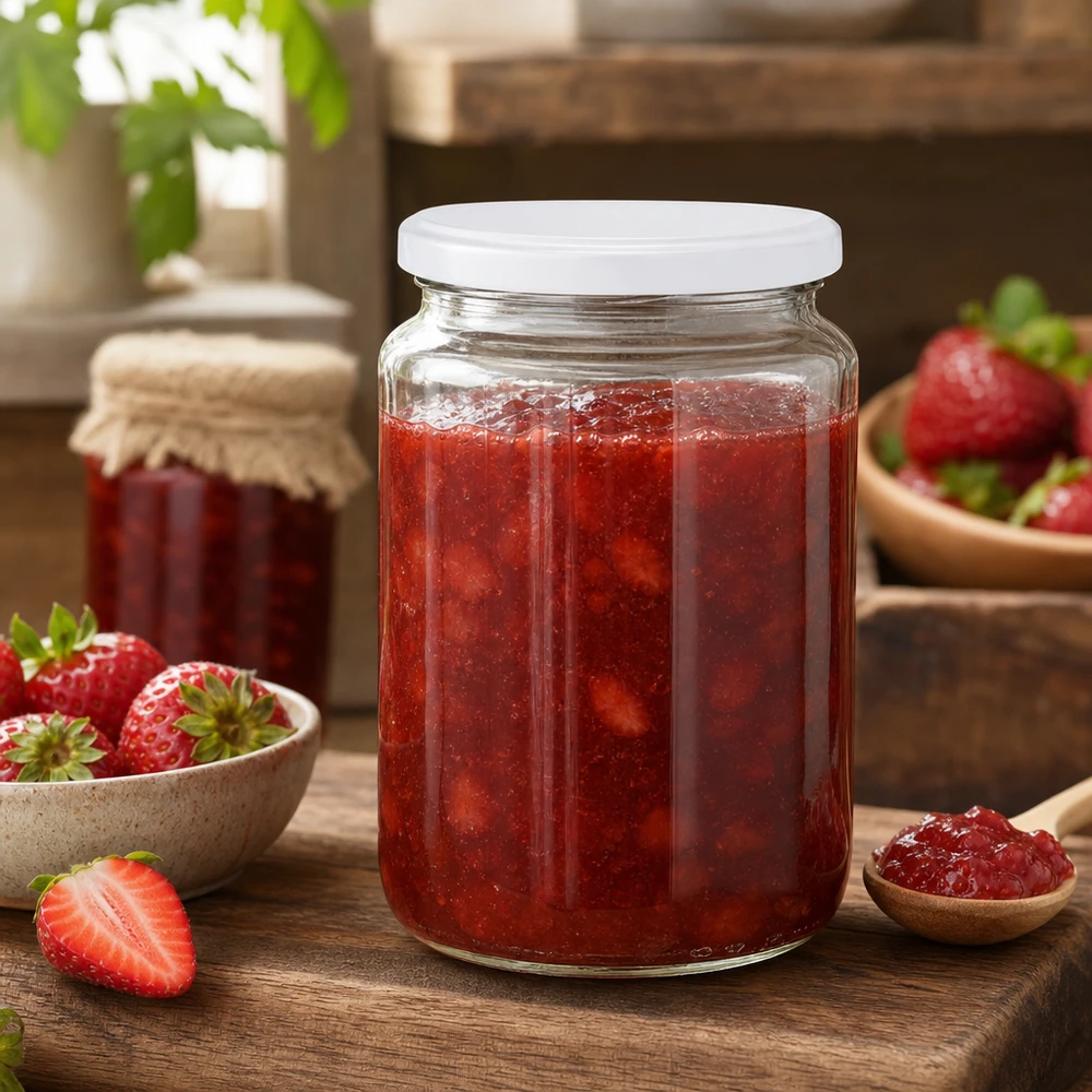 Pot rond UNiTWIST de 795 ml rempli de confiture de fraises, idéal pour les confitures maison et les conserves.